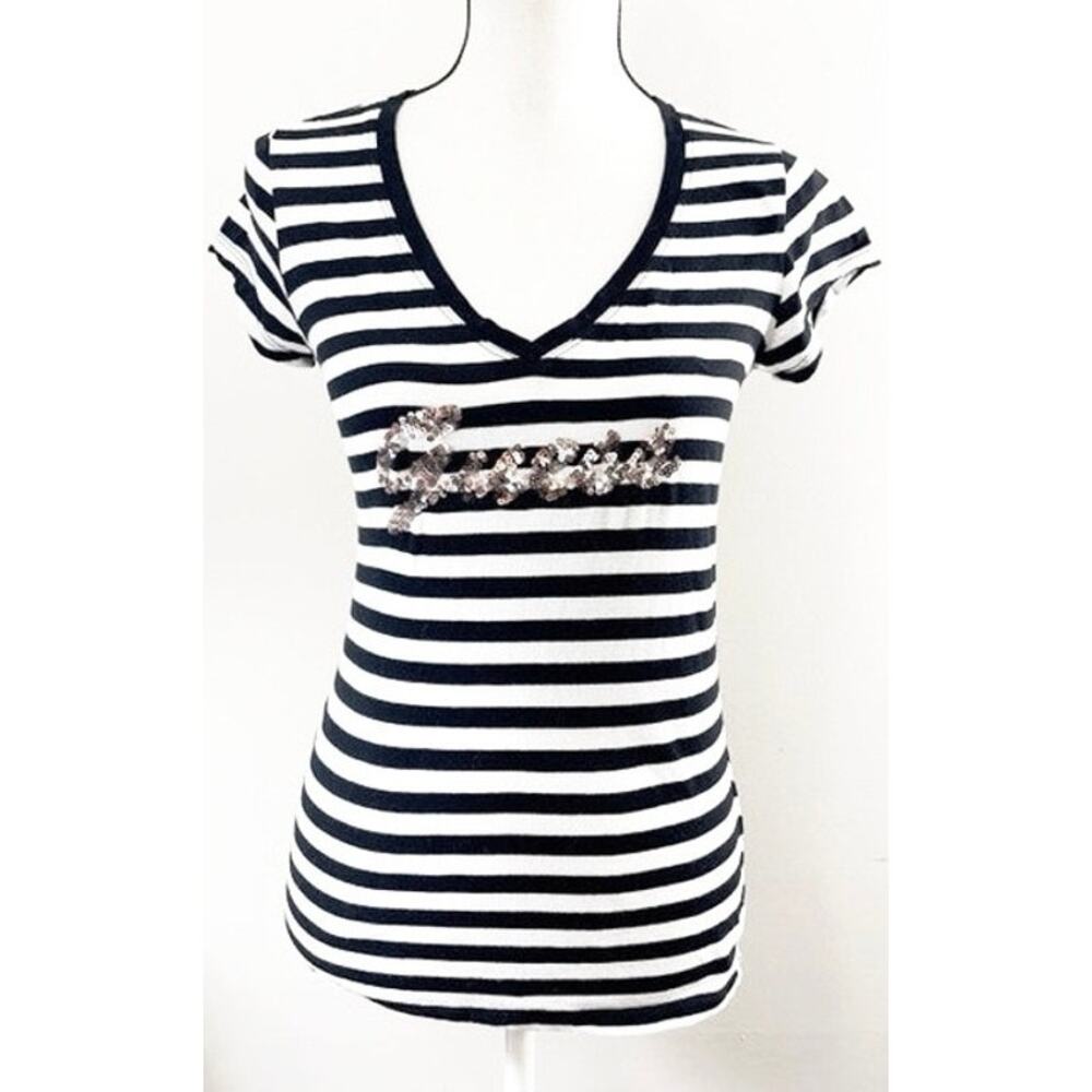 Guess White & Black Striped Sequin V-Neck T-Shirt - M
